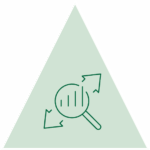 Green triangle with icon featuring a double sided arrow dark arrow icon. In the center of the arrow, a magnifying glass displays a bar chart
