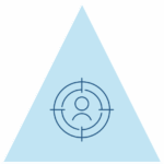A light blue triangle surrounds a dark blue outline based icon. The icon features a the top half of a person within the frame of an advanced scope.