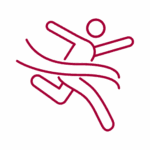 Red outlined icon of person running through a finish line