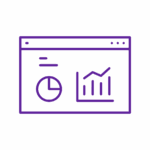 Purple outlined icon of a browser window that features different types of charts.
