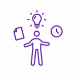 Purple outlined icon of person with a paper, a lightbulb, and a clock in arc above their head