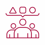 Outline-based red icon with three people thinking about different shapes