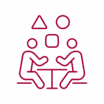 Outline-based red icon with two people sitting across from one another, discussing multiple shapes between them