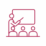 Outline-based icon of a group of people. One person is standing and pointing at a board while three others are sitting looking on