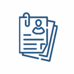 Outline based icon in blue. Stack of papers representing an assessment